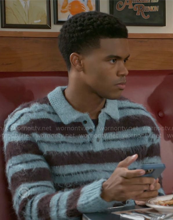 Tyrell's blue fluffy striped polo sweater on Beyond the Gates