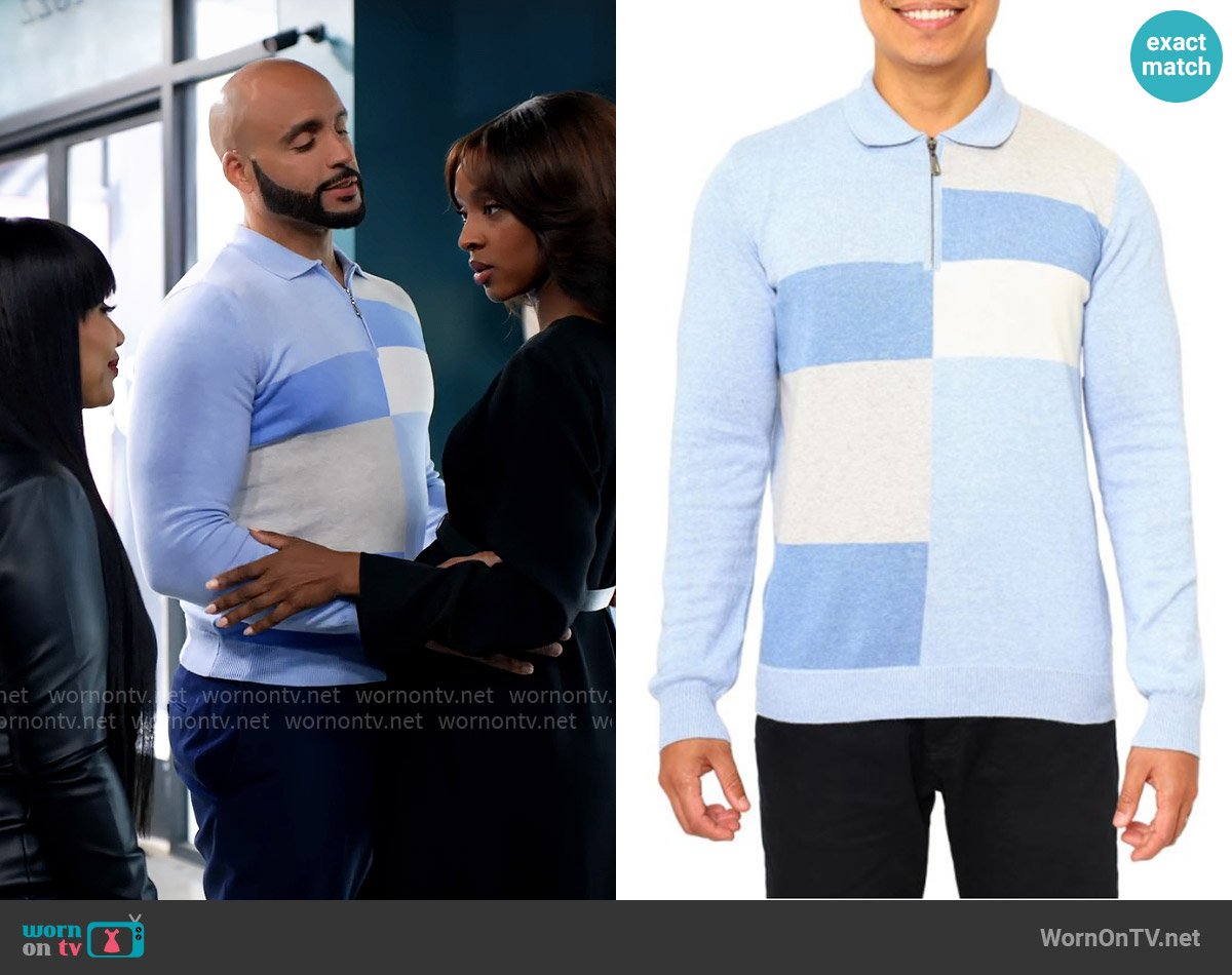 Aaron’s blue colorblock polo sweater on Tyler Perrys Sistas