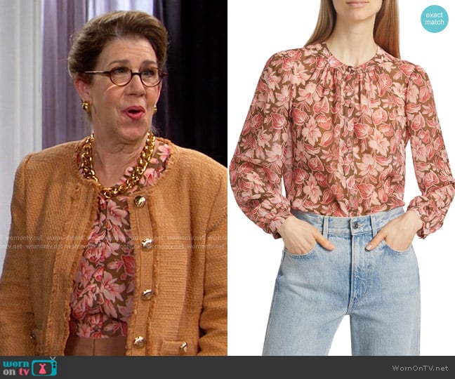 Veronica Beard Ashlynn Floral Silk Blouse in Deep Ochre Multi worn by Rita Beacon (Maggie Carney) on Days of our Lives