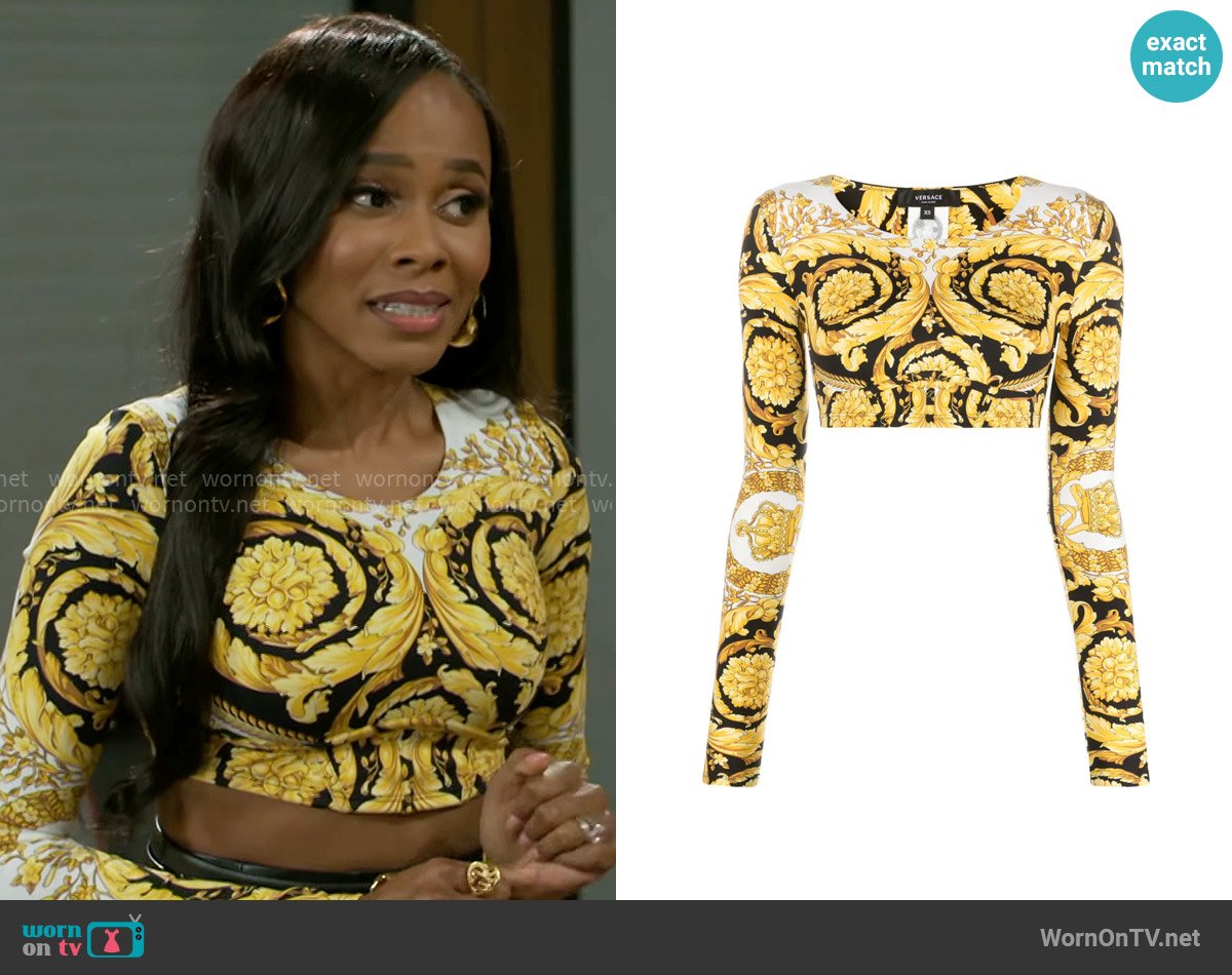 Versace Barocco-print crop top  worn by Hayley Lawson (Marquita Goings) on Beyond the Gates