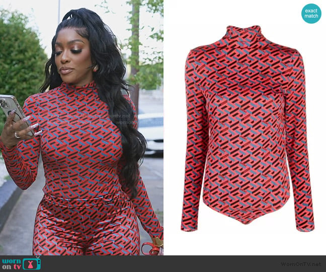 Versace La Greca print bodysuit worn by Porsha Williams on The Real Housewives of Atlanta