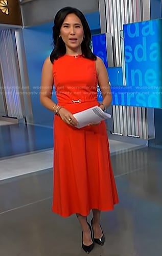 Vicky's red belted midi dress on NBC News Daily