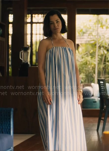 Victoria's blue striped dress on The White Lotus