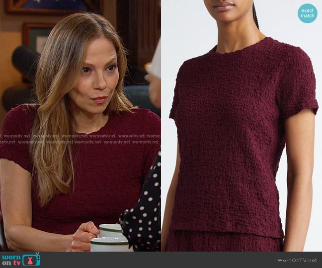 Vince Smocked Shrunken Shirt in Cherry Wine worn by Ava Vitali (Tamara Braun ) on Days of our Lives