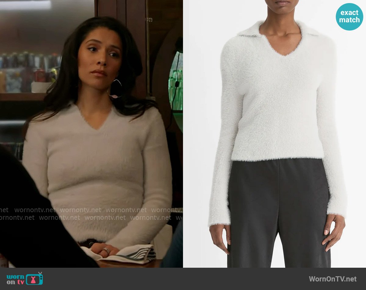 Vince Eyelash Polo Sweater in Light Birch Stone worn by Stella Kidd (Miranda Rae Mayo) on Chicago Fire