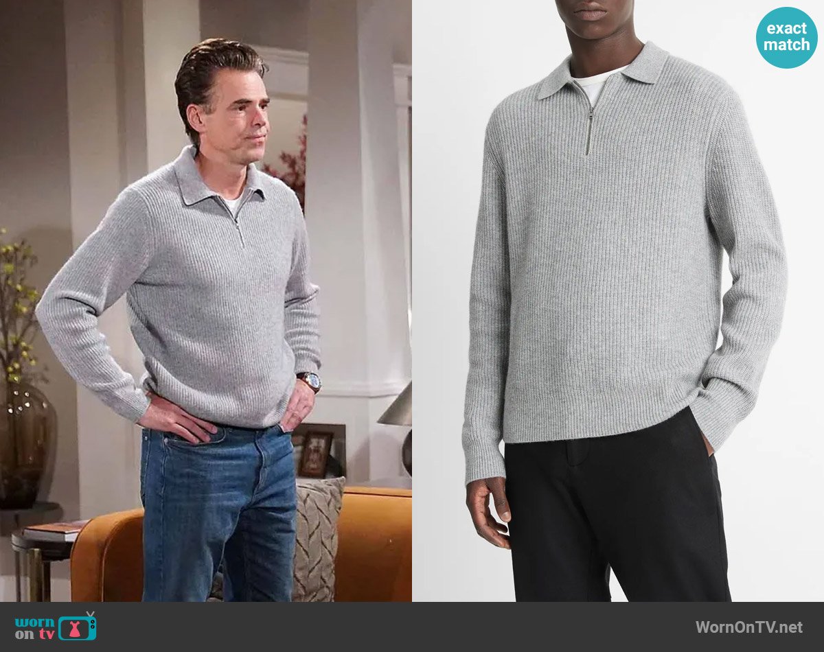 Vince Shaker Wool-Cashmere Quarter-Zip Polo Sweater worn by Billy Abbott (Jason Thompson) on The Young and the Restless