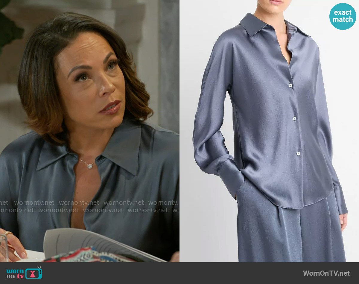 Vince Silk Bias Long-Sleeve Blouse in Iris Water worn by Nicole Dupree Richardson (Daphnee Duplaix) on Beyond the Gates