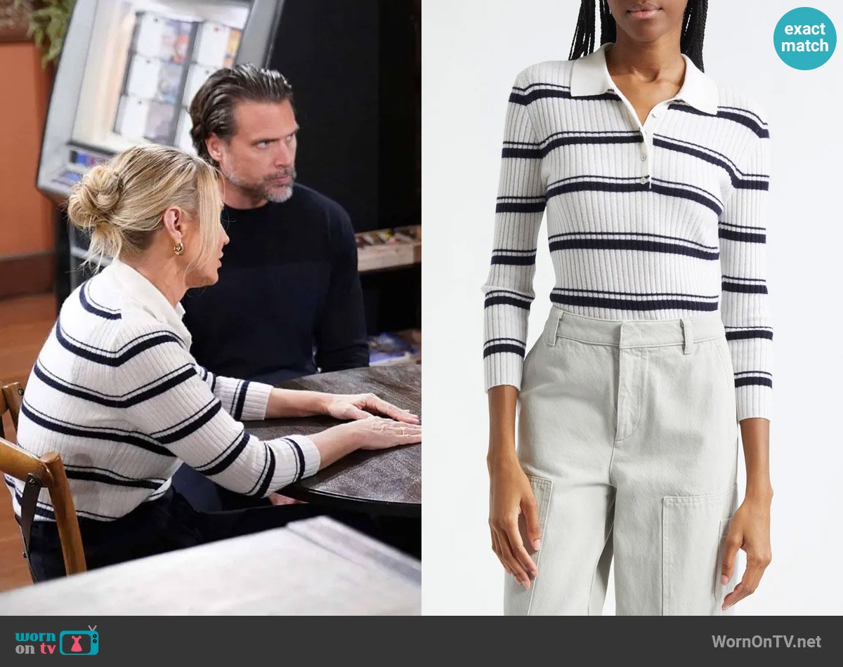 Vince Striped Cashmere-Blend Polo Sweater worn by Sharon Newman (Sharon Case) on The Young and the Restless