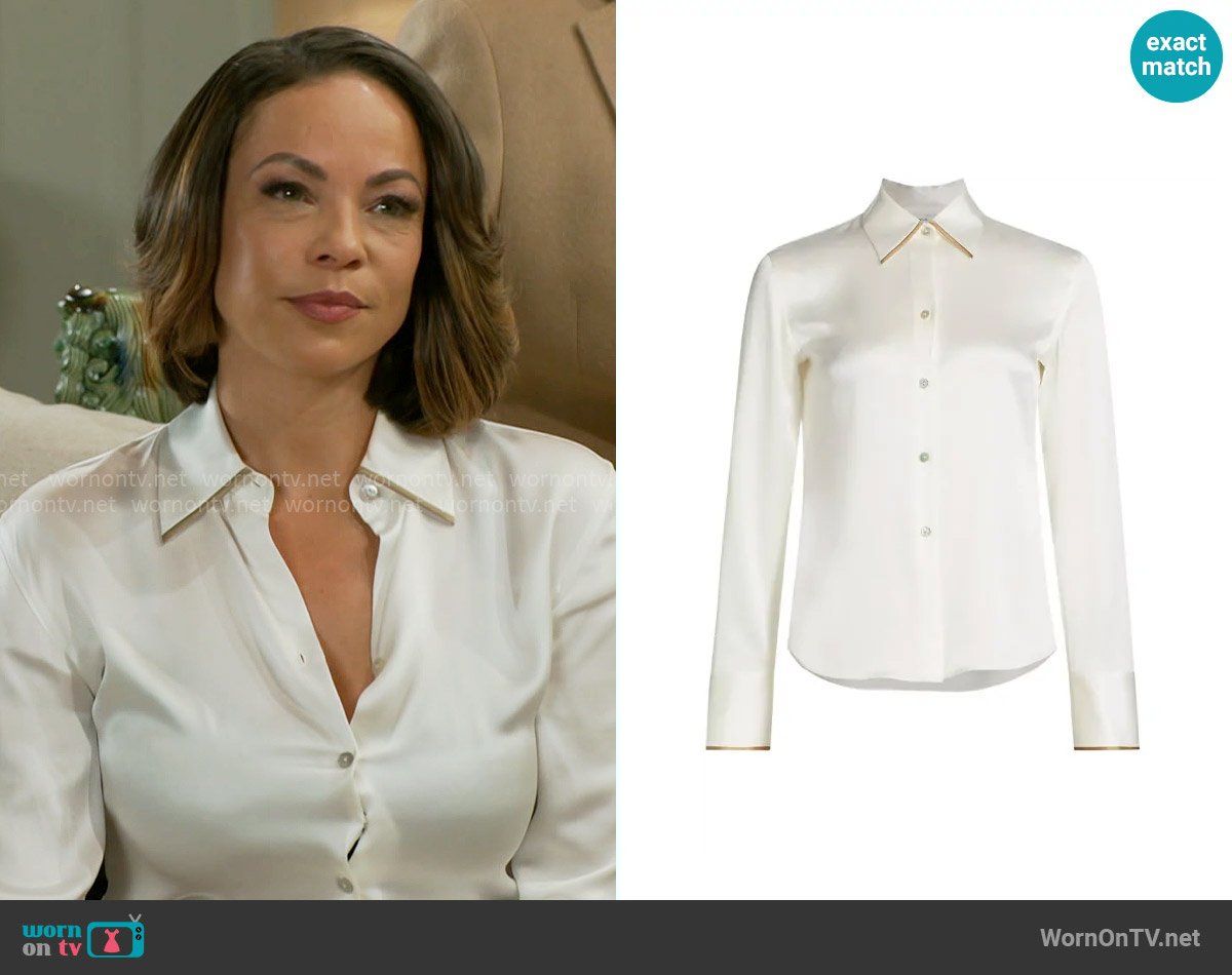 Vince Tipped Satin Silk Shirt in Off White Rye worn by Nicole Dupree Richardson (Daphnee Duplaix) on Beyond the Gates