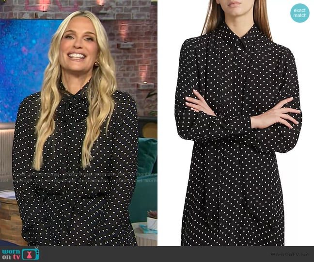 Molly Sims’s black polka dot print tie neck blouse on The Kelly Clarkson Show