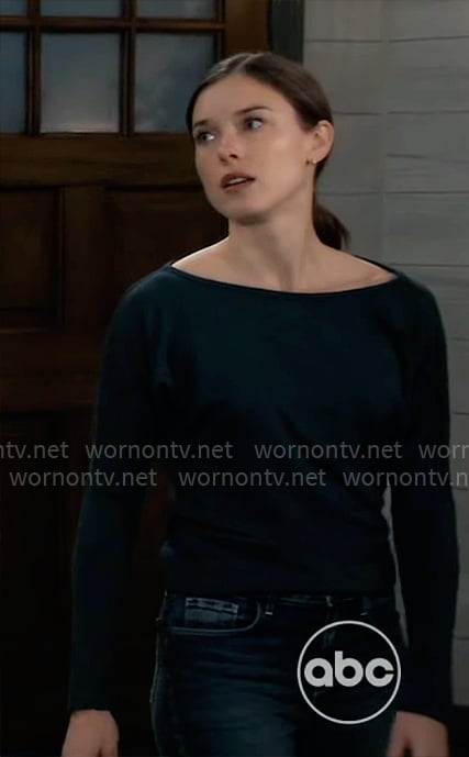 Willow's dark green bateau neckline top on General Hospital