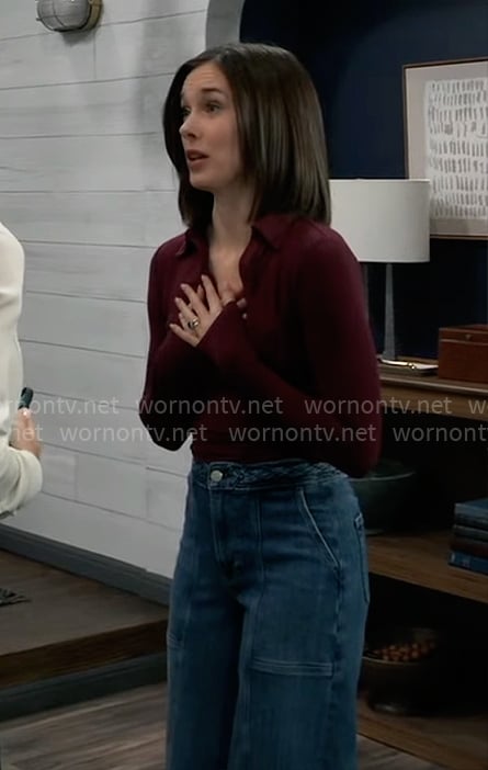 Willow's burgundy collared top and jeans on General Hospital