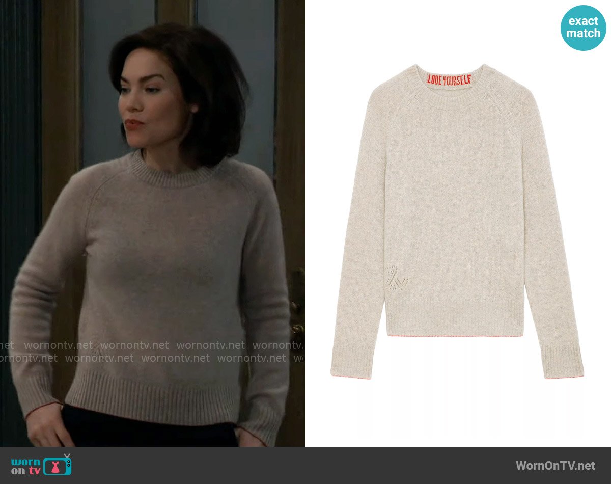 Elizabeth’s light taupe sweater on General Hospital