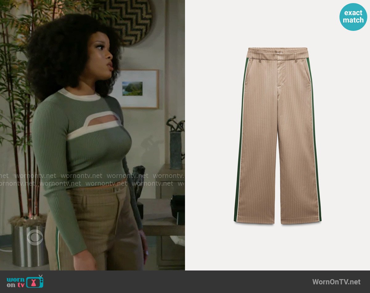 Zara Pinstripe Trousers with Boxer Detail worn by Eva Thomas (Ambyr Michelle) on Beyond the Gates