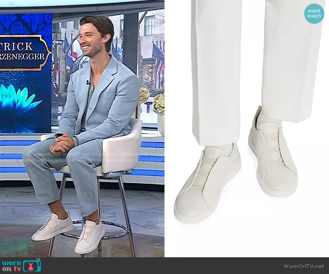 Zegna Deerskin Triple Stitch Sneakers worn by Patrick Schwarzenegger on Today