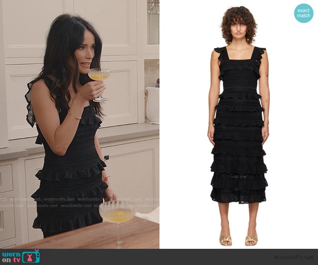 Zimmermann Black Illustration Frilled Midi Dress worn by Abigail Spencer on With Love Meghan