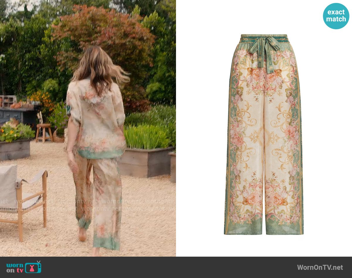 Zimmermann August Printed Silk Wide-Leg Pants worn by Delfi Figueras on With Love Meghan