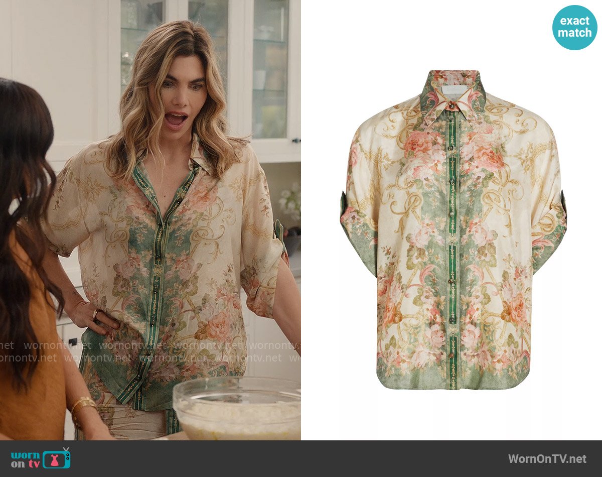 Zimmermann August Floral Silk Shirt worn by Delfi Figueras on With Love Meghan