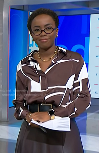 Zinhle Essamuah's brown geometric print blouse on NBC News Daily