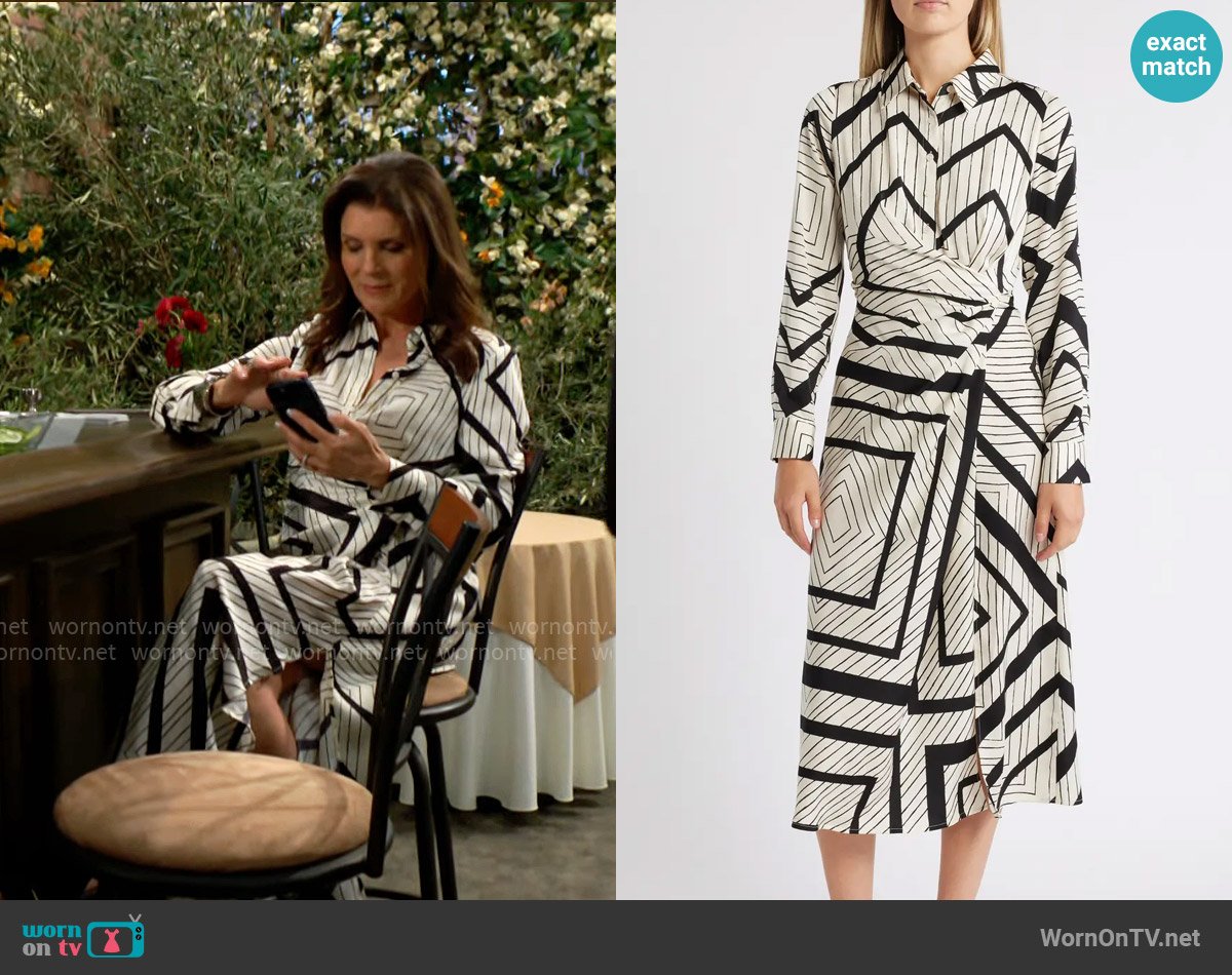 Zoe and Claire Stripe Wrap Waist Long Sleeve Midi Shirtdress worn by Sheila Carter (Kimberlin Brown) on The Bold and the Beautiful