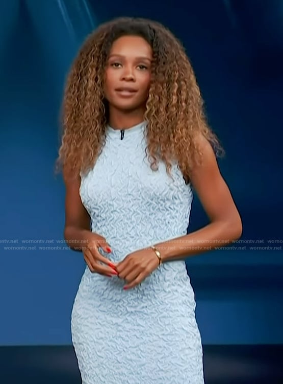 Zuri's blue textured sleeveless dress on Access Hollywood