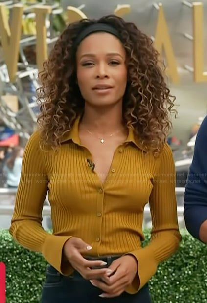 Zuri's mustard ribbed cardigan on Access Hollywood
