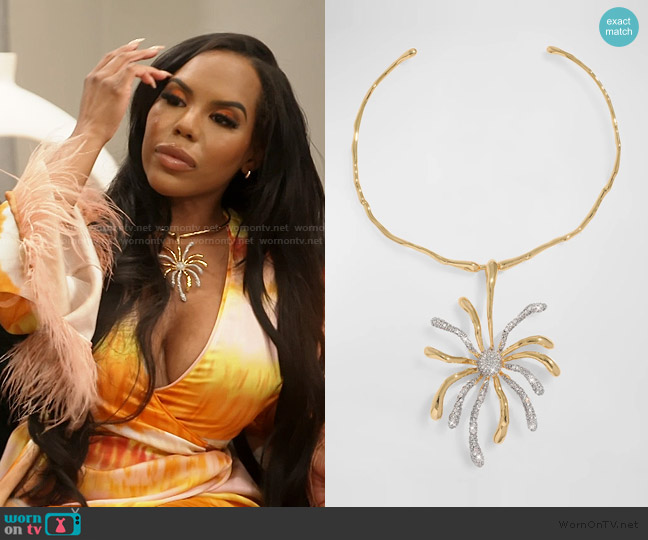 Alexis Bittar Solanales Crystal Sunburst Collar Necklace worn by Kelli Ferrell on The Real Housewives of Atlanta