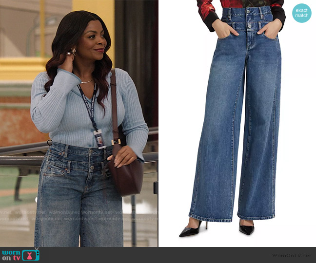 Alice and Olivia Double Waistband Jeans in Brooklyn Blue worn by Ava Coleman (Janelle James) on Abbott Elementary