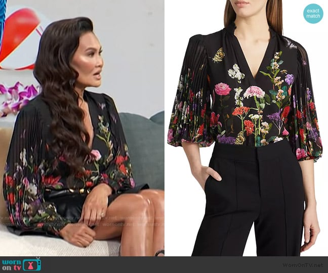 Alice + Olivia Ilan Pleated Blouson Sleeve Button Front Blouse worn by Tia Carrere on Access Hollywood