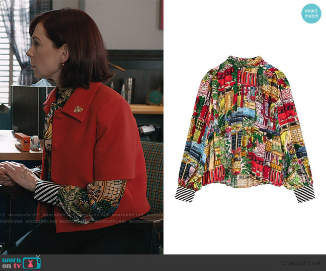 Alice + Olivia Red Gertrude Printed Pleated Matte Satin Blouse worn by Elsbeth Tascioni (Carrie Preston) on Elsbeth