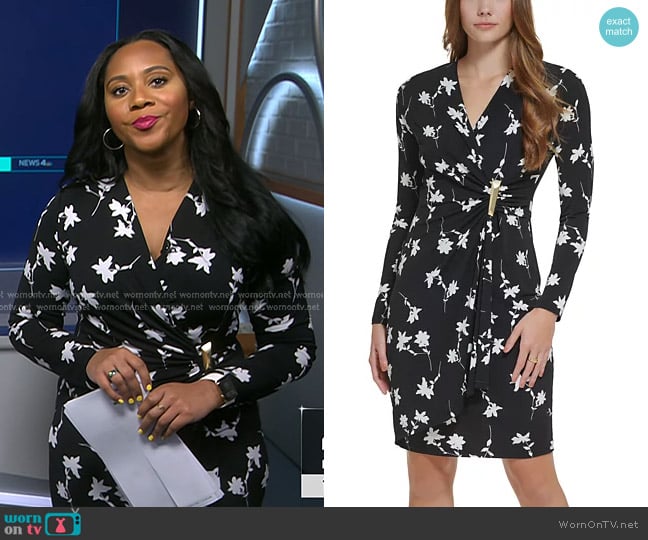 Calvin Klein Floral-Print Hardware Faux-Wrap Dress worn by Kay Angrum on NBC News Daily