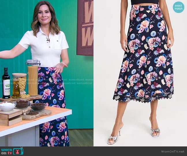 Rabanne Floral Skirt in Navy Neon Flowers worn by Rebecca Jarvis on Good Morning America
