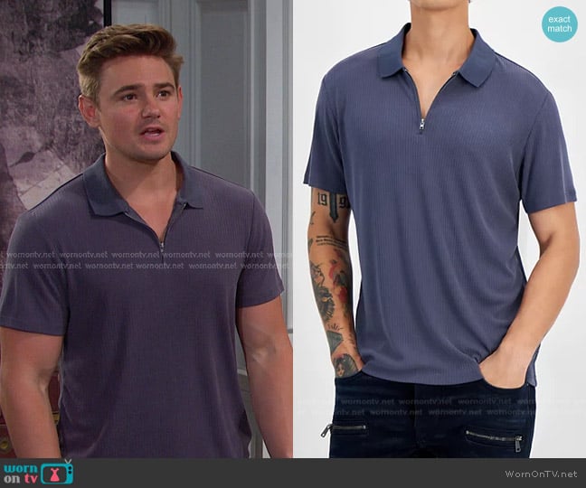 Guess Union Zipper Ribbed Polo Shirt in Grey Shadow Blue worn by Johnny DiMera (Carson Boatman) on Days of our Lives