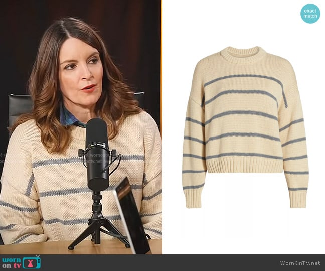 Jenni Kayne Chloe Striped Cotton Sweater in Cream Dusty Blue Stripe worn by Tina Fey on Today