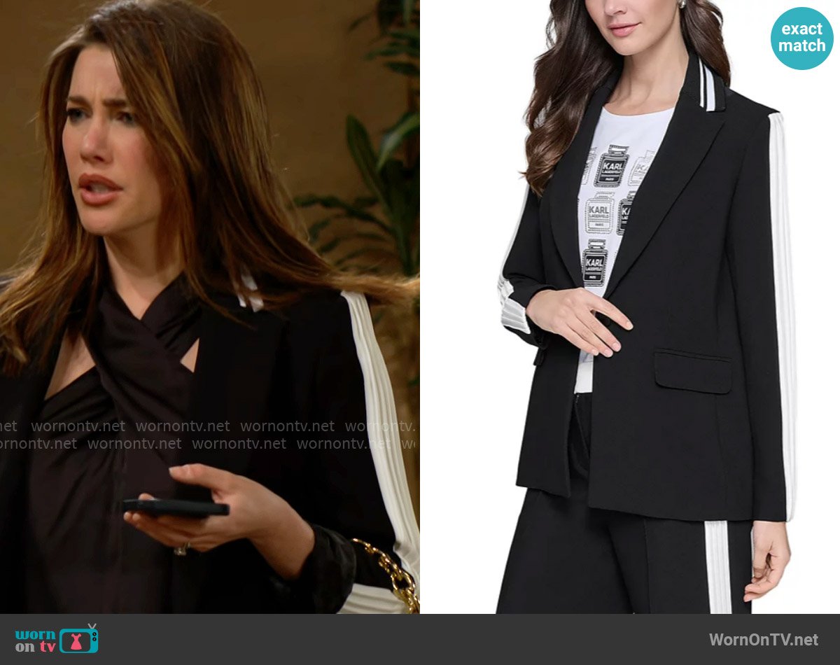 Karl Lagerfeld Paris Contrast Pleated Trim Blazer worn by Steffy Forrester (Jacqueline MacInnes Wood) on The Bold and the Beautiful