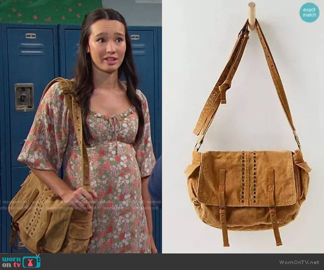 Free People Zevon Distressed Messenger Bag in Desert Dune worn by Sophia Choi (Rachel Boyd) on Days of our Lives