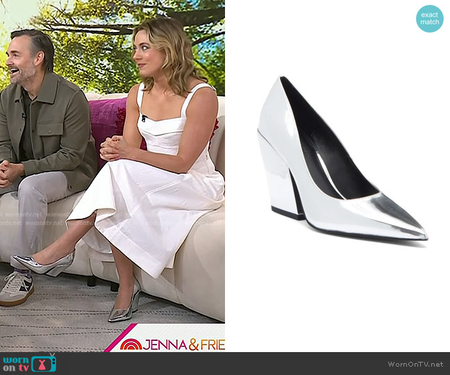  Rebecca Minkoff West Pointed Toe Pump in Silver worn by Erika Henningsen on Today