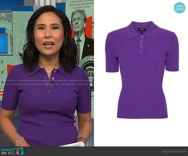 Theory Ribbed Compact Crepe Short-sleeve Polo Shirt in Bright Peony worn by Vicky Nguyen on NBC News Daily