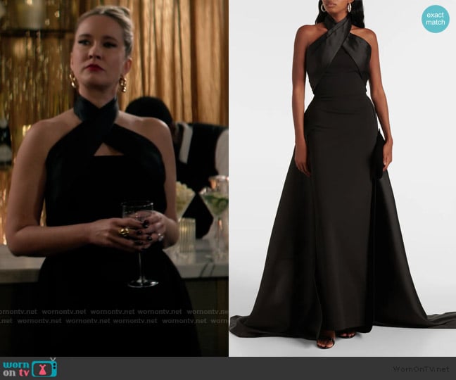 Solace London Rumi satin-trimmed crepe gown worn by Reagan Lockwood-Jacobs (Anna Camp) on You