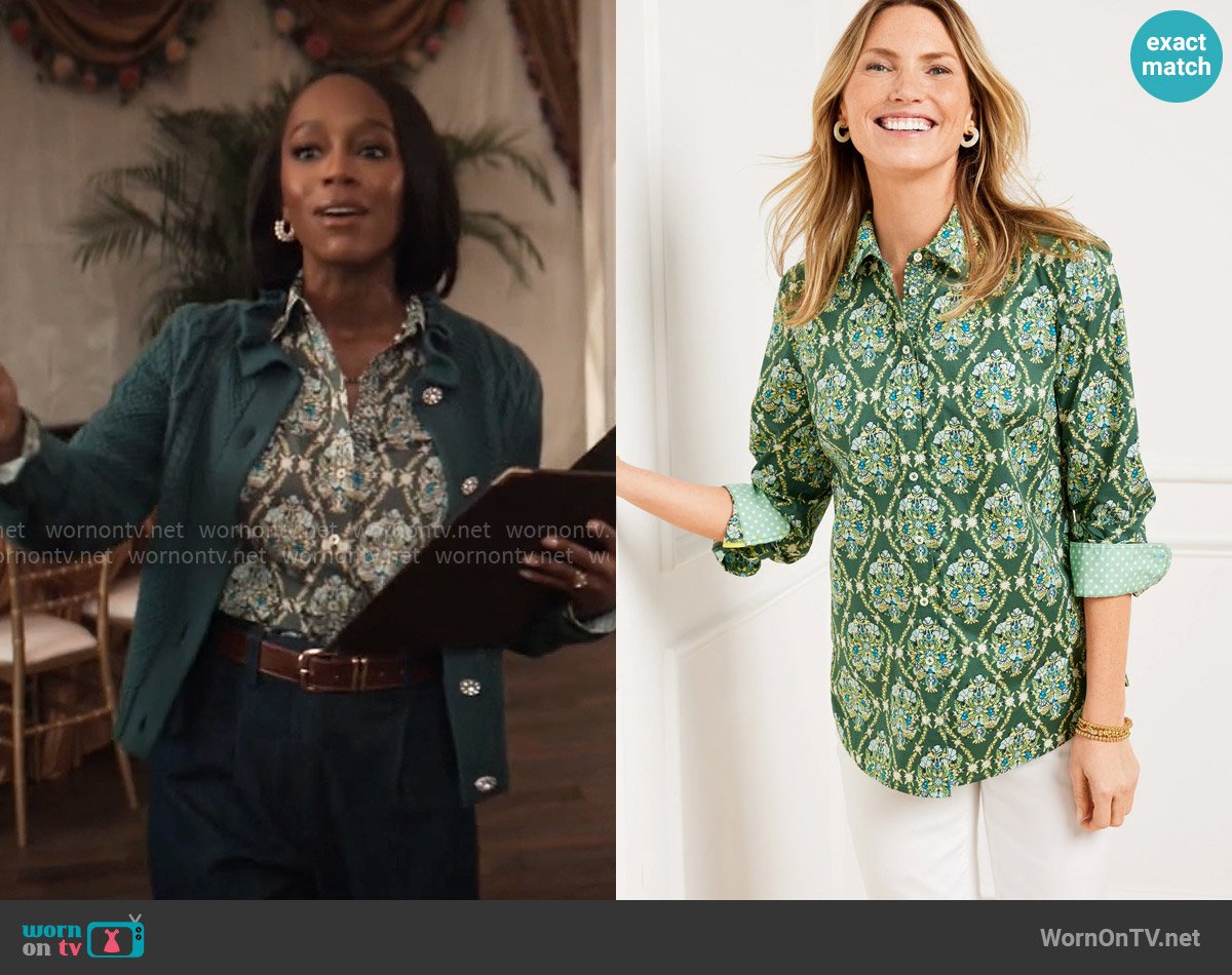 Talbots Modern Classic Shirt - Spring Trellis in Heritage Green / Blue Multi worn by Catherine (Aja Naomi King) on Grosse Pointe Garden Society