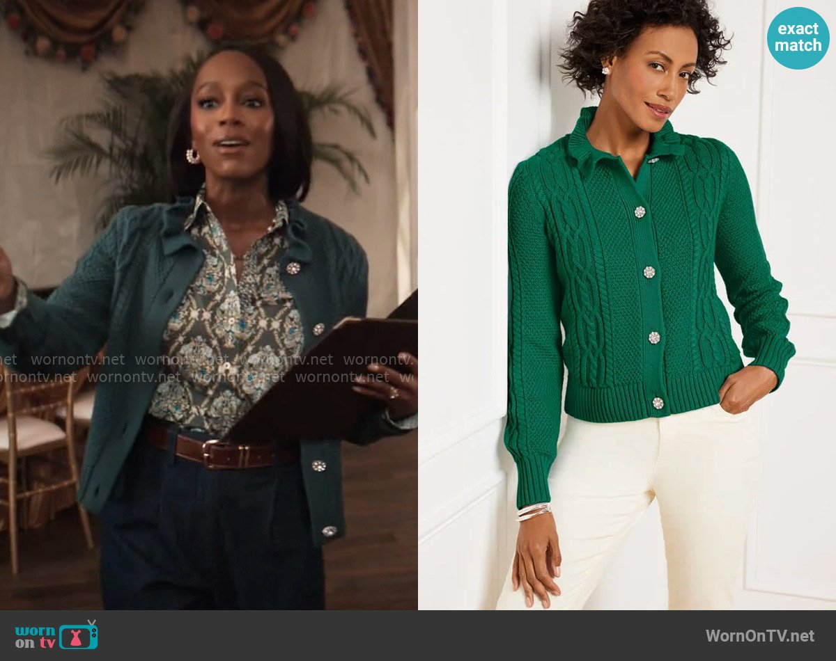 Talbots Ruffle Mockneck Cardigan in Highland Green worn by Catherine (Aja Naomi King) on Grosse Pointe Garden Society