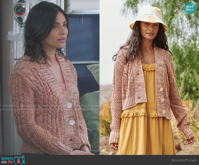 The Great The Cable Montana Cardigan in Prairie Marl worn by Nora (Floriana Lima) on Greys Anatomy