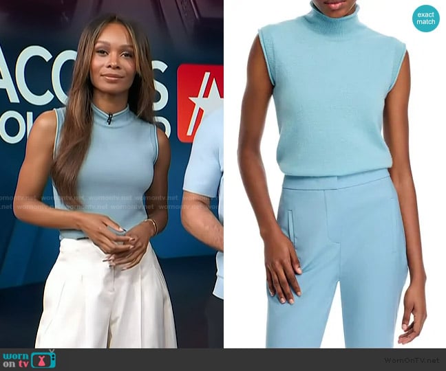 Veronica Beard Mahalia Cashmere Pullover in Sea Glass worn by Zuri Hall on Access Hollywood
