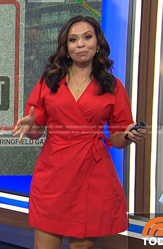 Adelle's red short sleeve wrap dress on Today