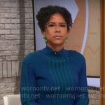 Adriana Diaz’s blue and green striped sweater and skirt set on CBS Mornings