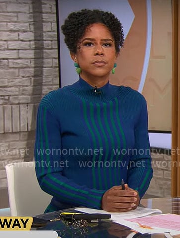 Adriana Diaz's blue and green striped sweater and skirt set on CBS Mornings