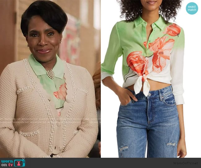 Alice + Olivia Brady Ombré Floral Silk Shirt worn by Barbara Howard (Sheryl Lee Ralph) on Abbott Elementary