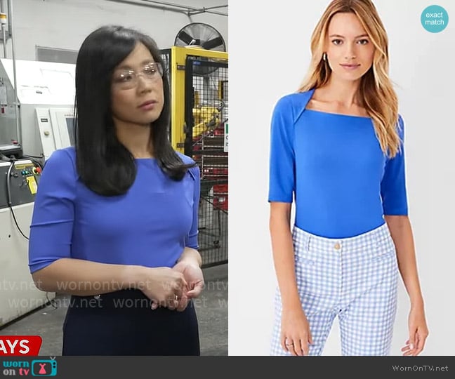 Ann Taylor Refined Stretch Envelope Neck Top In Dazzling Blue worn by Weijia Jiang on CBS Mornings