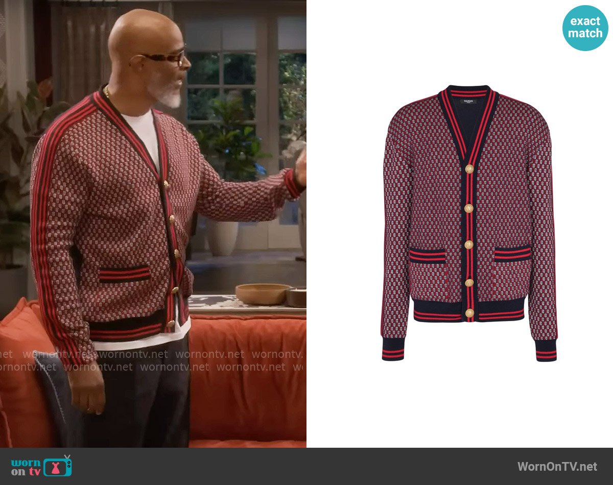 Balmain Monogram-print checked wool cardigan worn by Poppa (Damon Wayans) on Poppas House