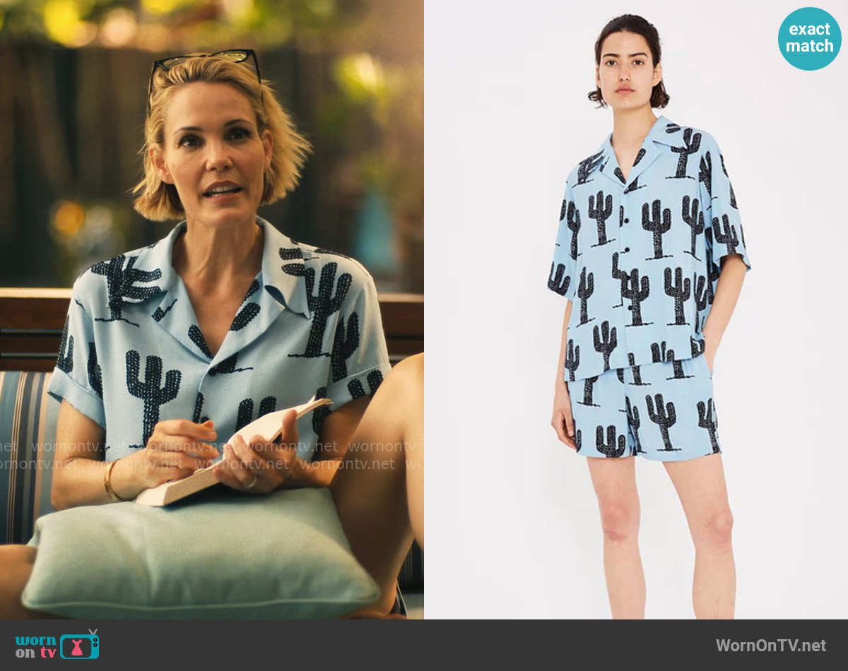 Bella Freud Cactus Blue Holiday Shirt & Shorts Set worn by Kate (Leslie Bibb) on The White Lotus